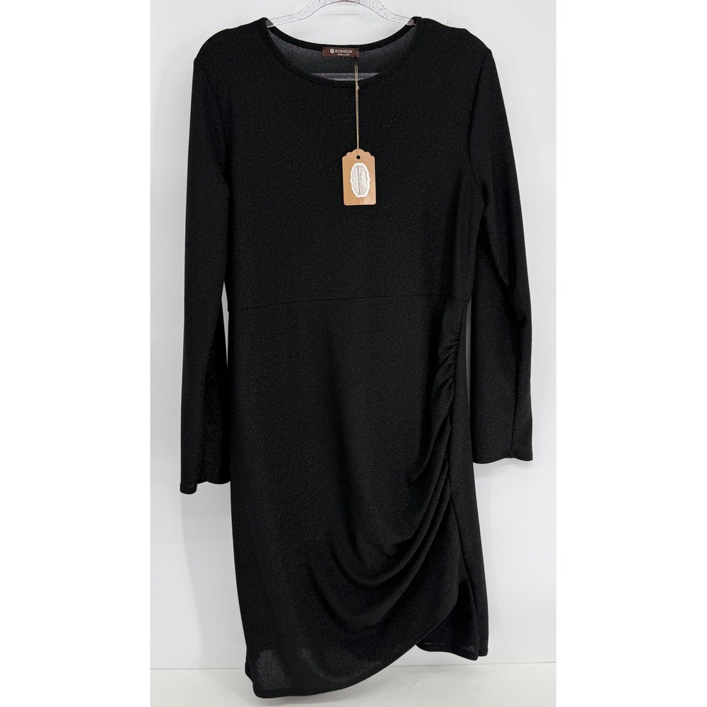 BOMBOM Black Glitter Ruched Midi Dress‎ Long Sleeve Sparkle Sz XL NWT